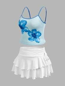 Solflare Plus Size Summer Holiday Beach Boho Blue And White Floral Adjustable Strap Camisole Top&White Built-In Shorts Skirt Set,Stretchy Knit Everyday Outfit - Multicolor - View 9