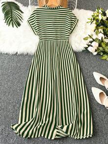 SHEIN Clasi 女士条纹高开衩长裙套装 - 墨綠色 - 查看 2