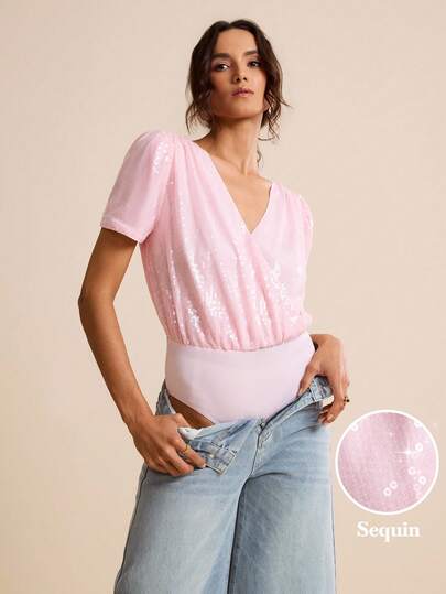 LOTSLUV Women's Pink Beaded V-Neck Ruched Short Sleeve Bodysuit, Spring/Summer,Women's Bodysuit,Bodysuits For Women,Elegant WomenBodysuit,Sequin Bodysuitt,Pink Bodysuit,Elegant Bodysuit,Stylish Women's Bodysuit