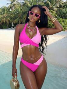 Slaydiva Women's Color Block Halter Bikini Top, Beach Bathing Suit Summer - Pink - View 2