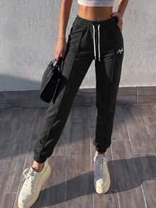 RueChic Letter Embroidery Drawstring Waist Sweatpants - Black - View 3