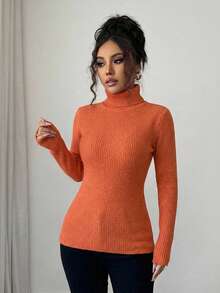 EURMUSE Turtleneck Ribbed Knit Sweater - Orange - View 4