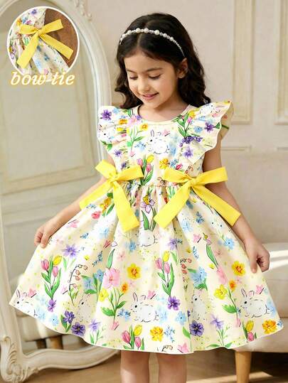 Souflis Souflis Girls (Small) Spring/Summer New Woven Fabric Dress, Yellow Solid Color Detachable 3D Bow Tie, Cute Rabbit Digital Print Pattern, Sleeveless, Round Neck, Waist Cinched Dress, Suitable For Young GirlAdorable, High-End, Elegant Lady-Like, Suitable For Daily, School, Outing, Holiday, Party, Spring/Summer Wear Easter Kids Dress Girls Floral Print Dress Kids Elegant Bowknot Dress Kids Dresses Summer Girl Flowers Dress. Dress With Bowknot. Girl Floral Print Dress Sleeveless Kids Dress Bunny Print Dress