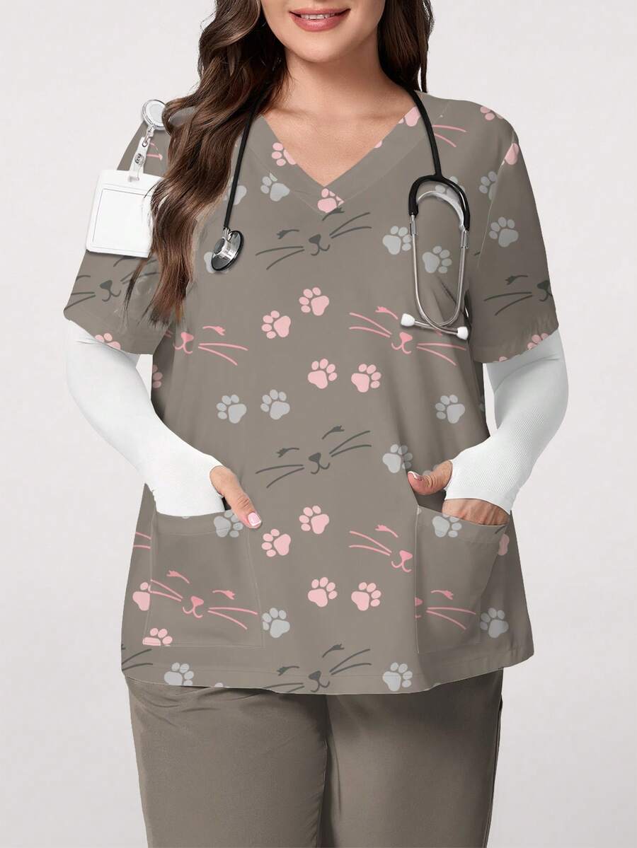 PopScrub Cute Animal Expression & Paw Print Minimalist Line Art Cartoon Print V-Neck Short Sleeve Pocket Ear Loop Split Design Plus Size Scrub Top, Spring/Summer Nurse Uniform - Multicolor - View 1