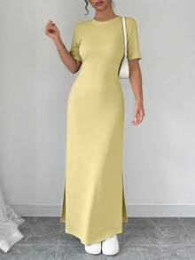 Rafferiza Đầm maxi nữ cổ chữ V xẻ tà màu trơn tay ngắn. - Vàng nhạt - Xem 6