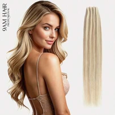 PU孔发片真人发接发，蝴蝶发片接发，12-24英寸挑染直发接发束，隐形接发，适用于日常、婚礼和派对等场合。