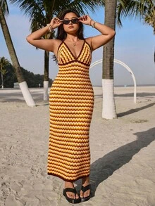 SHEIN EZwear 大码夏季度假钩针编织长款毛衣连衣裙 - 彩色 - 查看 6