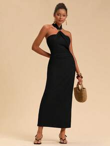 Travachic Women's Solid Color Fitted Elegant Knit Halter Dress,Summer Dresses For Women - Black - View 5