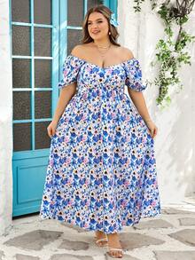 SHEIN CURVE+ Curve US22 Women's Blue Ditsy Floral Maxi Dress,Boho White Flowy Tea Party Summer Holiday,Heart-Shaped Neckline Ruffle Hem Seaside Vacation Dresses - Blue - View 7