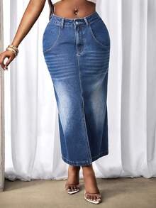 Slaydiva 女士休闲水洗牛仔开衩裙 - 中等水洗藍 - 查看 3