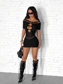 EgrlEra 女士性感黑色短袖提花迷你连衣裙 - 黑色 - 查看 4