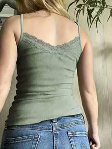 Cévolie Camiseta de mujer con adorno de encaje dulce - Azul Cadete - Ver 2