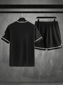 HIMLAND 男士珍珠装饰图案圆领宽松短袖T恤 - 黑色 - 查看 2