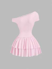 Sweetra Sweet And Girly Pink Dress With Unique Pure And Alluring Lace Trim, Asymmetric Neck Design, Cinched Waist, Layered Pleats, And A French-Style Elegant Hem. Perfect For Spring And Summer. - Pink - View 3