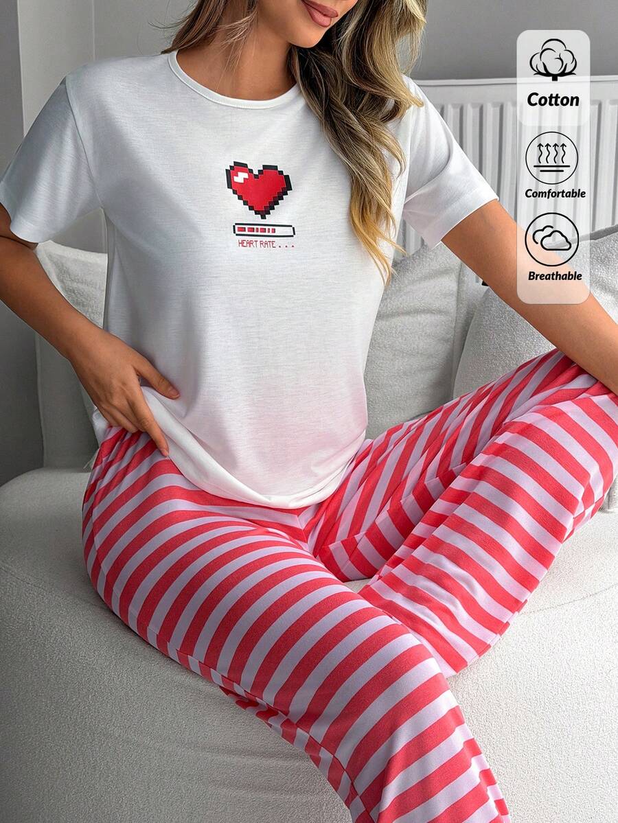 SHEIN Cotton Line Casual Women Herat Rate Pattern Round Neck Short Sleeve Top And Long Length Bottom 2Pcs Set - Pink - View 1