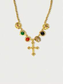 Glisma 18K Gold-Plated 1pc Textured, Metallic, Rhinestone, Cubic Zirconia Cross Beaded Y2K Necklace, Suitable For Party, Casual, Concert/Festival, Night Club, Wedding, Holiday, Vacation, Camping - Gold - View 5