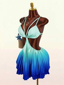 Amplova Women's Pleated Ombre Mini Skirt, A-Line Silhouette, Sexy Open Back, Waist Cutout, Cute Details, Suitable For Vacation Outfit - Multicolor - View 10