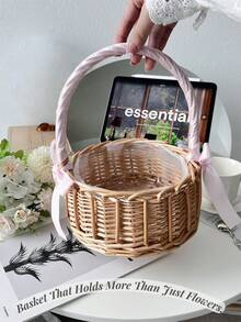 1PC Woven Hand Held Flower Basket Rattan Storage Basket With Bow Decorative Practical Floral Arrangement Container Wicker Picnic Centerpiece For Birthday Wedding Party Favor Home Decor Table Decoration Gift Giving Versatile Organizer - pink - View 4