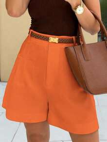 INAWLY Pantalones cortos casuales de mujer con cintura alta y pliegues, para primavera/verano - Naranja Quemada - Ver 4