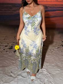 SHEIN EZwear Đầm hai dây dáng rộng in họa tiết cây nhiệt đới, cỡ lớn, màu vàng nhạt. - Vàng nhạt - Xem 4