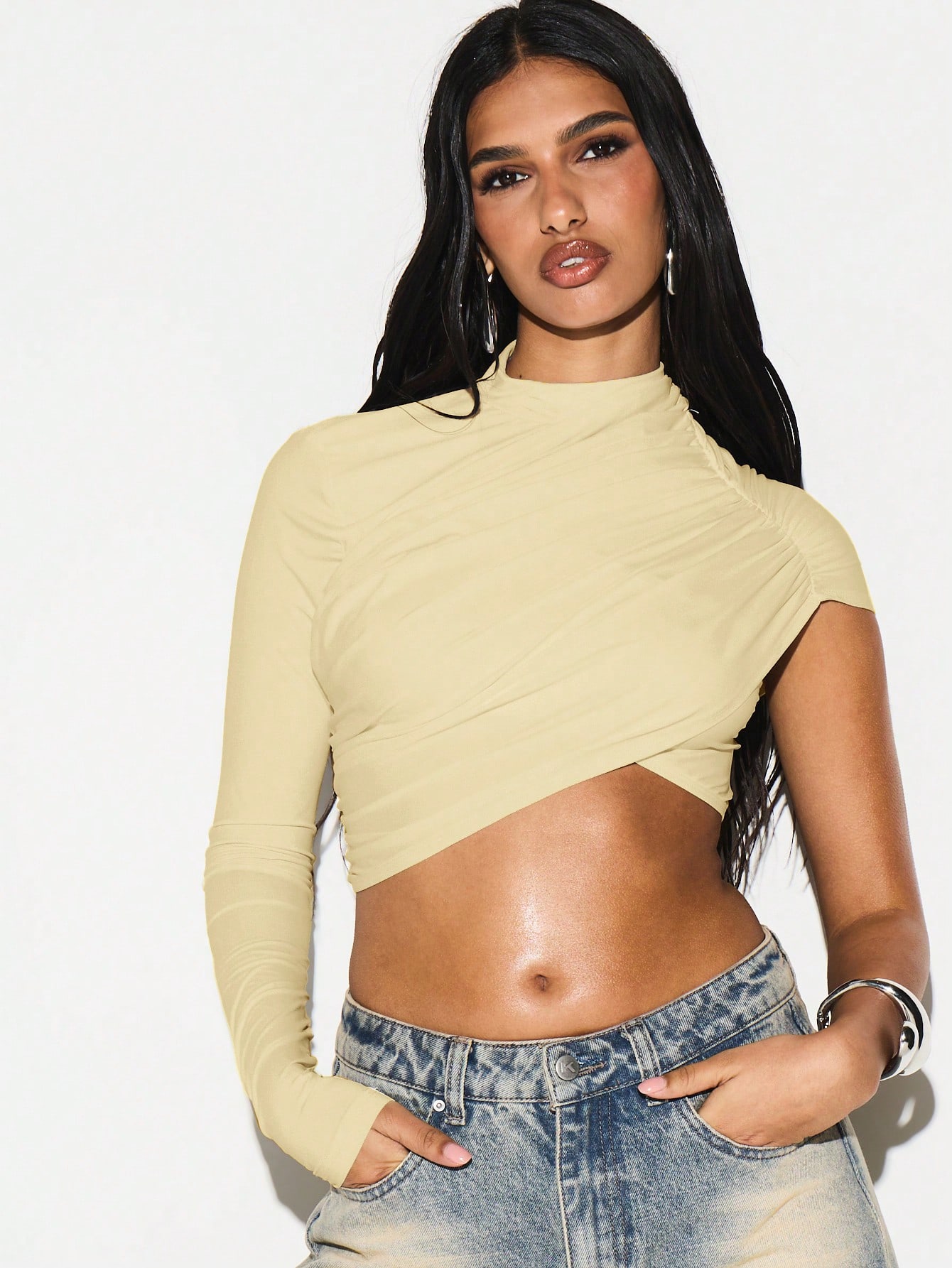 KIZN Asymmetrical Cutout One Shoulder Top With High Neck