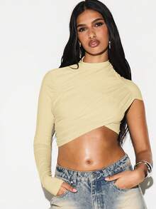 KIZN Women's Yellow One Shoulder Asymmetrical Cutout Top With Long Sleeve And High Neck Drape - Yellow - View 4