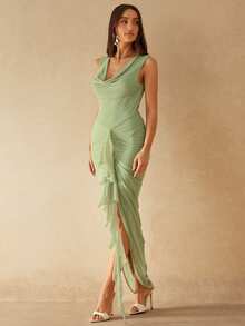 Silquee 女士深V领荷叶边无袖修身连衣裙 - 橄欖綠 - 查看 6