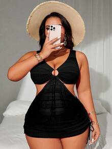 SHEIN Swim SXY 大码女式两件套渐变色露背吊带镂空抽绳开衩泳衣套装 - 黑色 - 查看 1