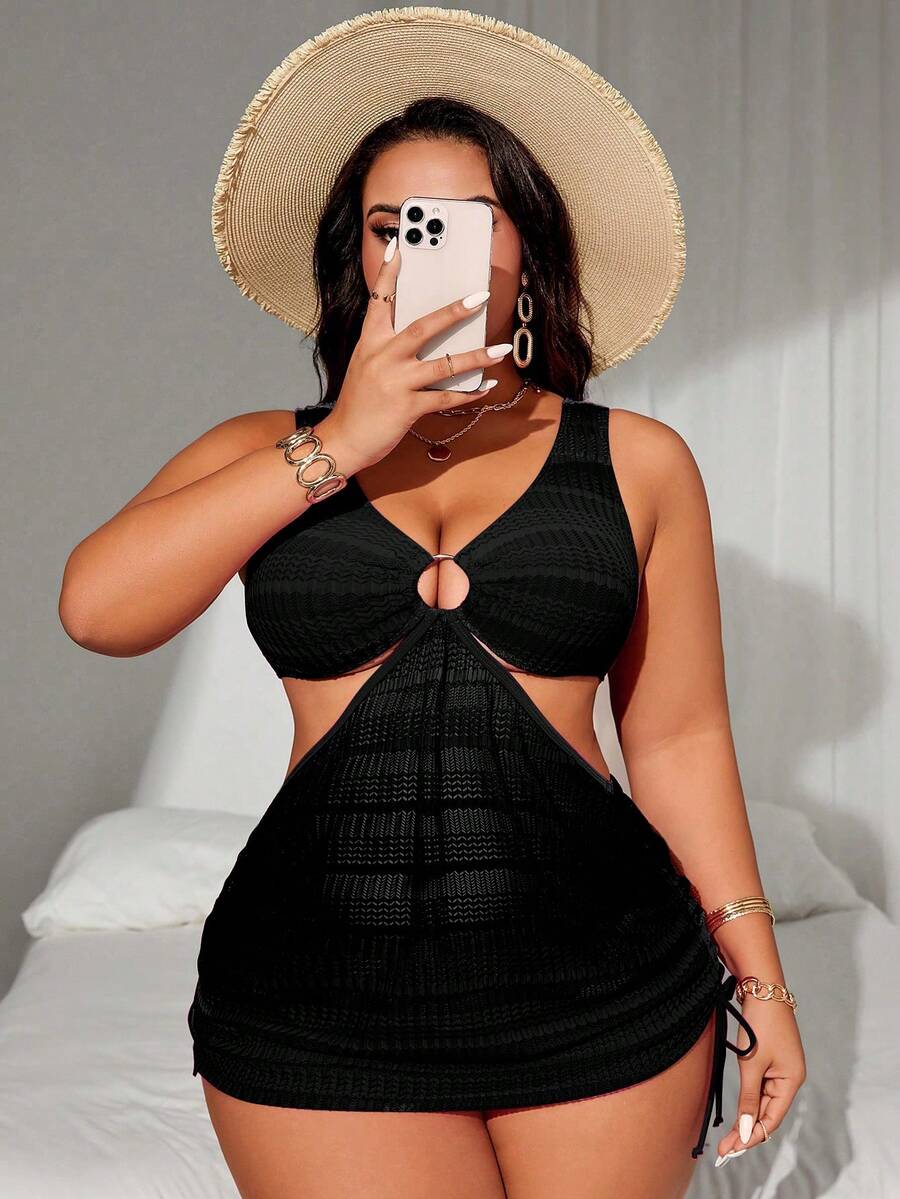 SHEIN Swim SXY 大码女式两件套渐变色露背吊带镂空抽绳开衩泳衣套装 - 黑色 - 查看 1