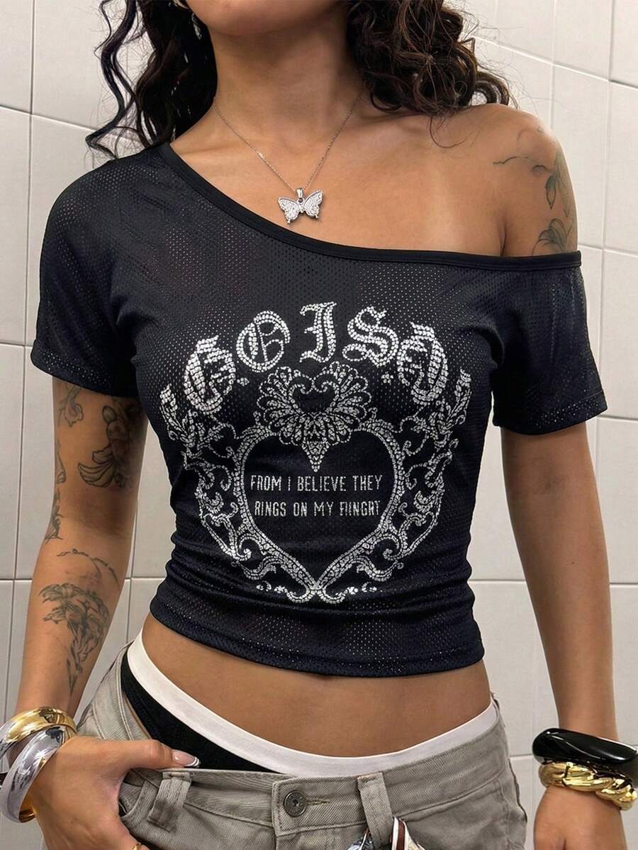 StreetHx Camiseta feminina preta de manga curta com ombros assimétricos - Preto - Ver 1
