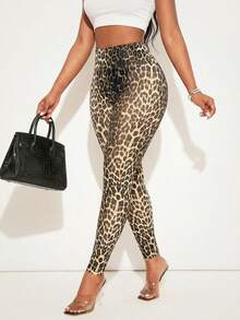 SHEIN SXY 大码女式豹纹休闲百搭日常穿着打底裤 - 彩色 - 查看 8