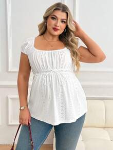 Plussiva Maternity Plus Size Solid Color Hollow-Out Textured Top - White - View 4