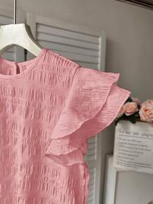 Teen Girls Pink Textured Woven Blouse,Round Neck,Ruched Ruffled Trim Flutter Sleeves,Cute Summer Party Casual French Elegant Back To School Tops - Pink - View 3