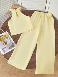 SHEIN Bộ áo yếm và quần dài kẻ sọc đa năng dành cho bé gái tuổi teen, tươi mát và năng động, phù hợp cho kỳ nghỉ, du lịch và nhiều dịp khác nhau. - Màu vàng - Xem 2