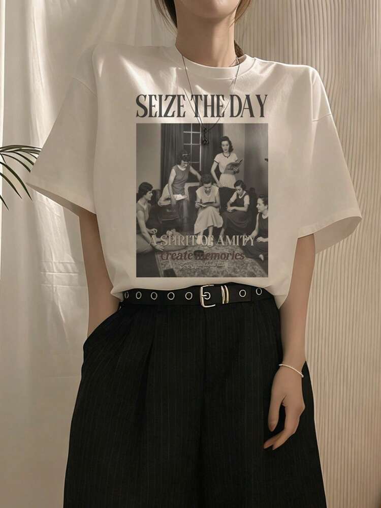 Women's Casual Figure Print T-Shirt, Summer Oversized