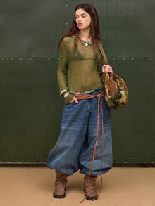 COUREZ SLASH NECK OPEN HOLE KNITTED SWEATER - Green - View 2