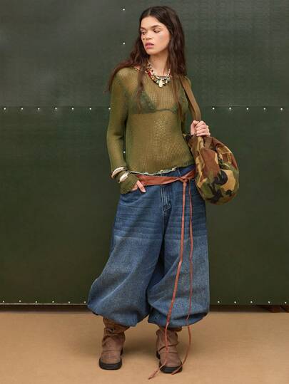 COUREZ Suéter de Tricô com Decote em V / Roupas de Verão Y2K para Mulheres, Looks de Verão para Mulheres, Blusas Verdes de Manga Longa, Looks de Festival, Looks de Show, Looks de Primavera para Mulheres