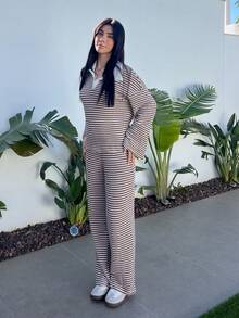 Hitanina 女士两件套宽松条纹V领落肩长袖T恤和松紧腰条纹裤，冬季毛衣套装，秋冬季 - 棕色 - 查看 4