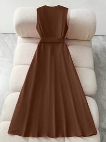 Franclia Đầm đỏ dáng chữ A không tay, cổ chữ V, thanh lịch và thời trang, kiểu dáng mới, ôm eo, dành cho phụ nữ. - màu nâu - Xem 2