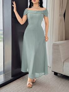 Feyla Gaun Elegan Wanita Warna Polos dengan Lipit dan Bahu Terbuka - Hijau - View 6