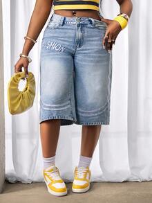 Slaydiva Quần jeans nữ dáng rộng lửng, ống rộng, thêu chữ và có túi, kiểu dáng thường ngày. - Rửa nhẹ - Xem 7