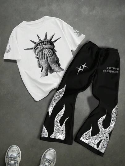 2pcs/Set Tween Boy Casual Minimalist Y2K Streetwear Style Black & White Statue Of Liberty Graphic Tee And Flared Pants, American Vintage Colorblock Sports Outfit, Summer