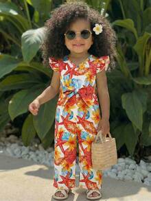 SHEIN 女婴碎花V领荷叶边休闲连体衣 - 藍白色 - 查看 3