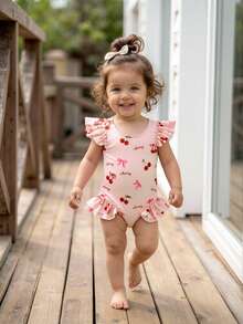 SHEIN Baby Girl Cherry Print Ruffled Sleeve One-Piece Swimsuit, Soft & Skin-Friendly - Pink - View 3