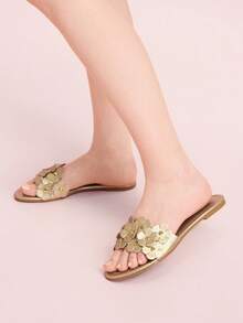 CUCCOO DOLLMOD Sandalias planas cómodas con flor dorada para mujer, sandalias planas de estilo dulce con flor - Dorado - Ver 5