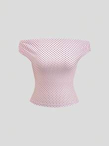 Elamini Camiseta de manga corta ajustada con hombros descubiertos y estampado de lunares rosas, para mujer, primavera/verano, vacaciones, playa bohemia, elegante y dulce, citas, compras, minimalista para ir y venir, vuelta al colegio, uso diario versátil - Rosa - Ver 7