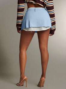 Denimoi Váy siêu ngắn xếp lớp giả áo sơ mi, váy gợi cảm thời trang. - Màu xanh nhạt - Xem 5