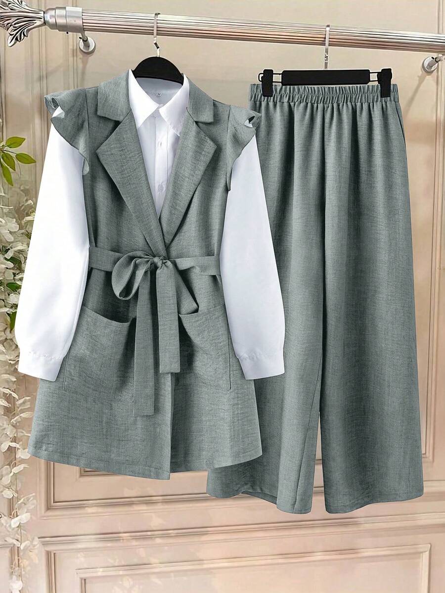 GlowEve Women's Notched Collar Open Front Cinched Waist Waist Top And Loose Straight Leg Pants 2 Pieces Set - Grey - View 1