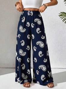 SHEIN Holidaya Quần ống rộng dáng suông có túi, cạp chun, thích hợp mặc đi nghỉ mát mùa xuân hè cho nữ, trang phục ngoài trời, váy thời trang và gợi cảm, váy mùa xuân hè, váy đỏ Angola, thời trang và thanh lịch, phù hợp mặc hàng ngày, dự đám cưới, tiệc tùng, đi làm, tiệc tốt nghiệp, lễ hội, kỳ nghỉ. - Màu xanh hải quân - Xem 2