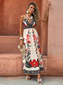 Selianne 女士优雅时尚通勤休闲舒适迷人复古简约浪漫假日无袖露背收腰褶皱显瘦数码印花长裙（随机印花） - 彩色 - 查看 6